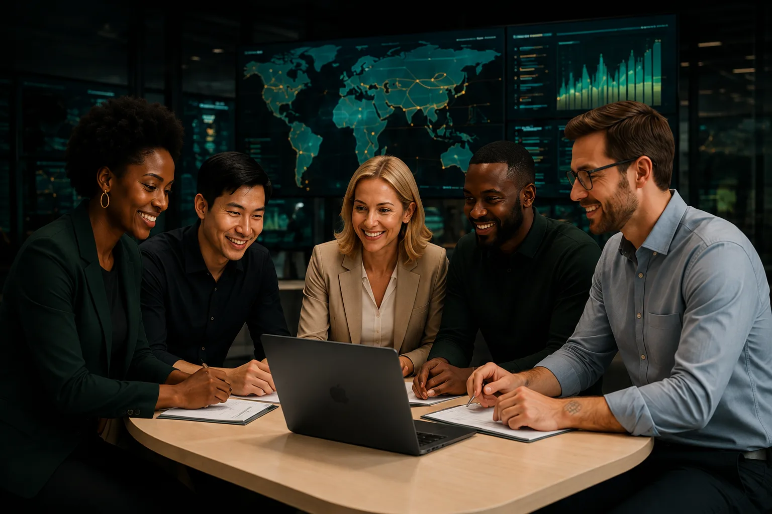 A Raholu Logistics team collaborating around a laptop.