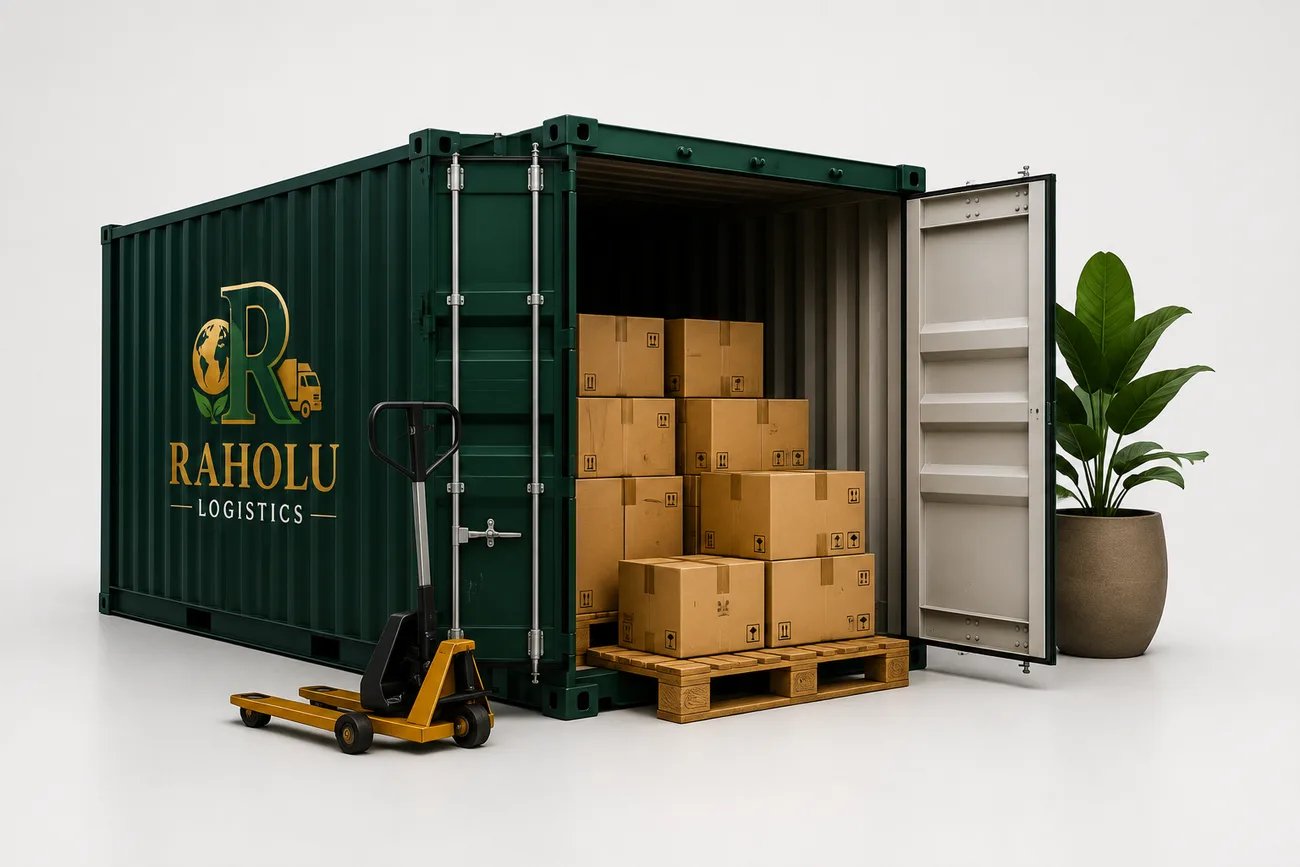 A Raholu Logistics shipping container loaded with palletised boxes, ready to move.