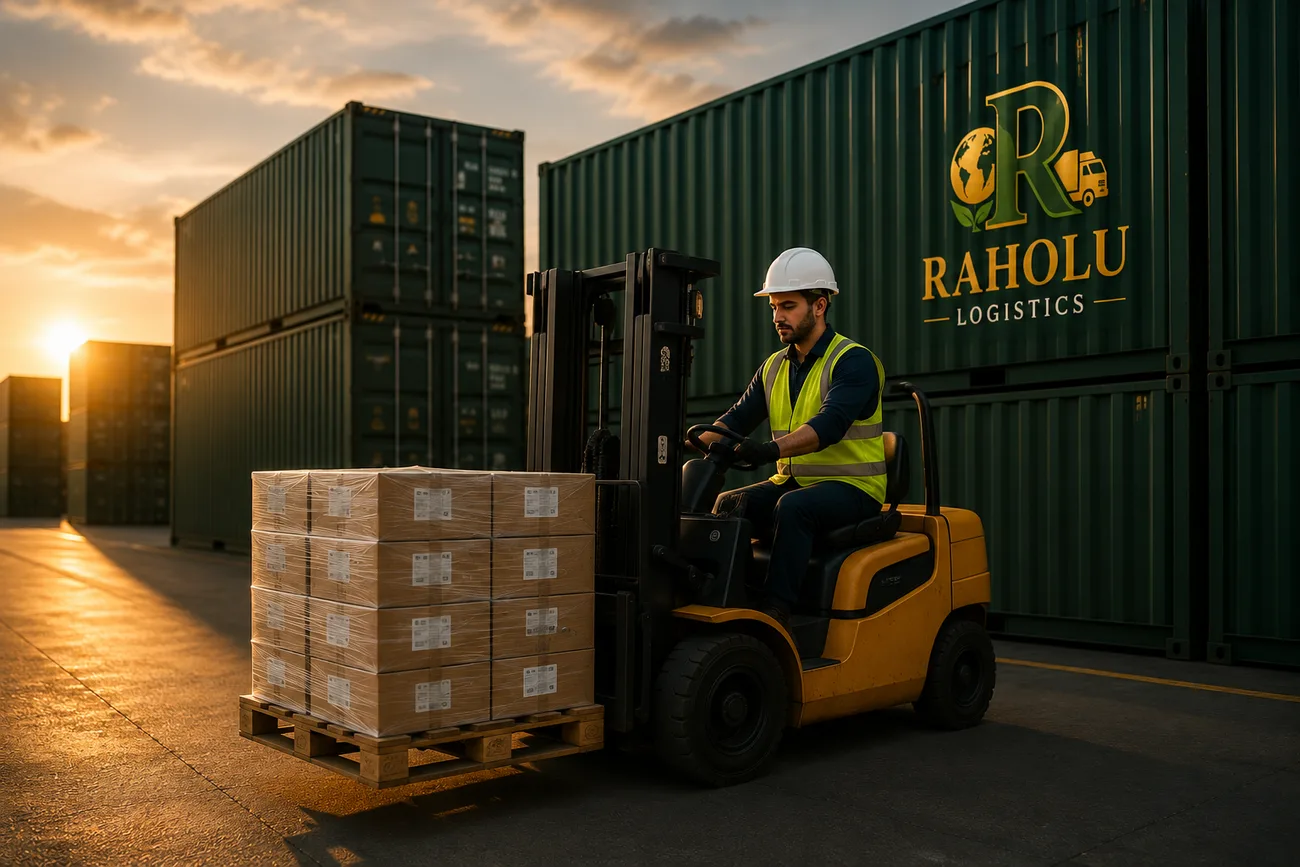 A Raholu Logistics forklift operator loading a wrapped pallet beside branded containers.